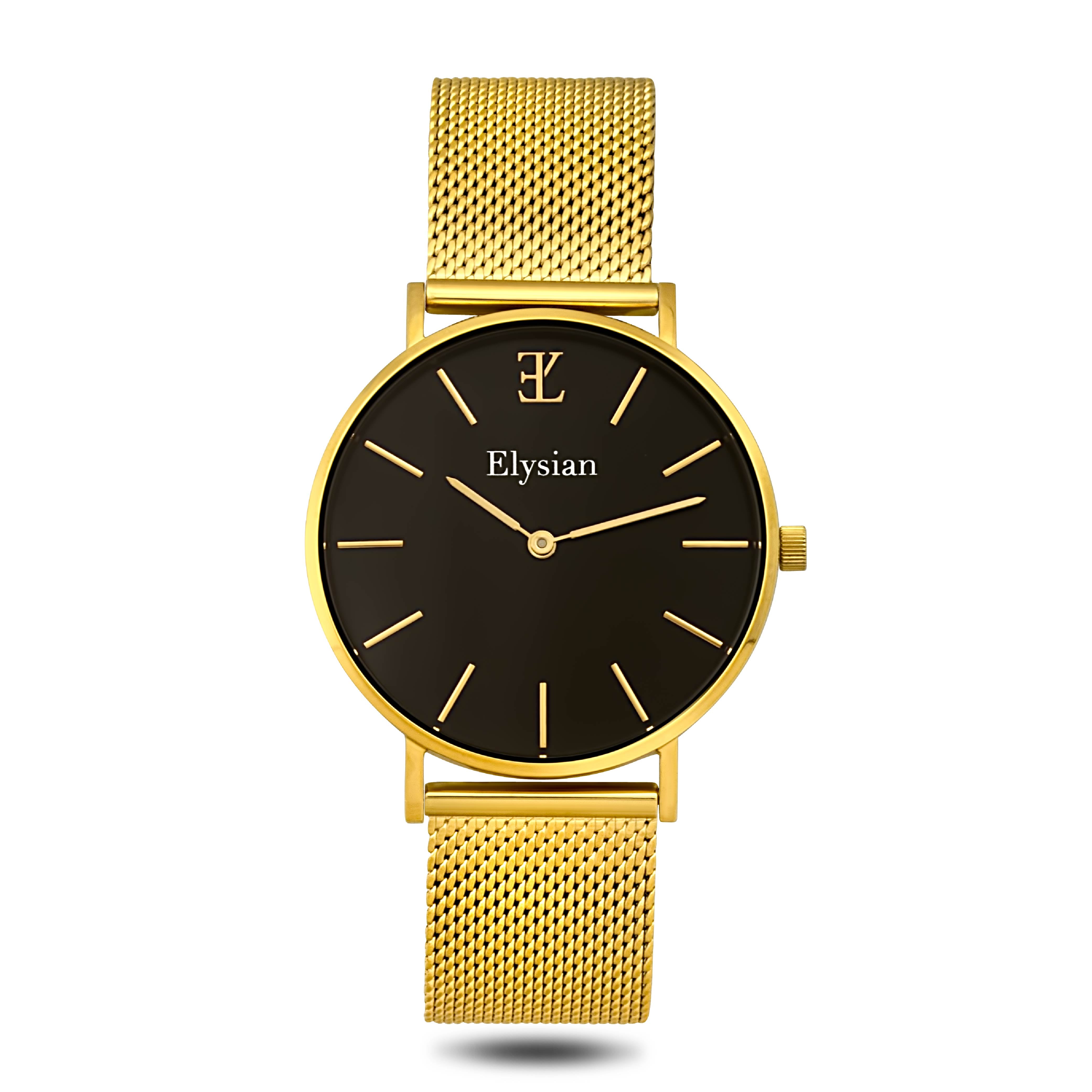 elysian-gouden-dames-horloge-zwart-plaat-goud-mesh-horlogeband-ELYWW00116-front