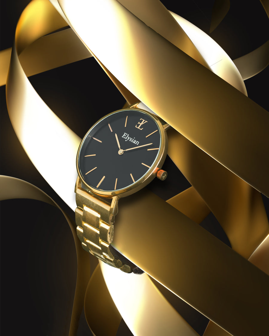 elysian-gouden-dames-horloge-zwart-plaat-goud-schakelband-horlogeband-ELYWW00126-hand
