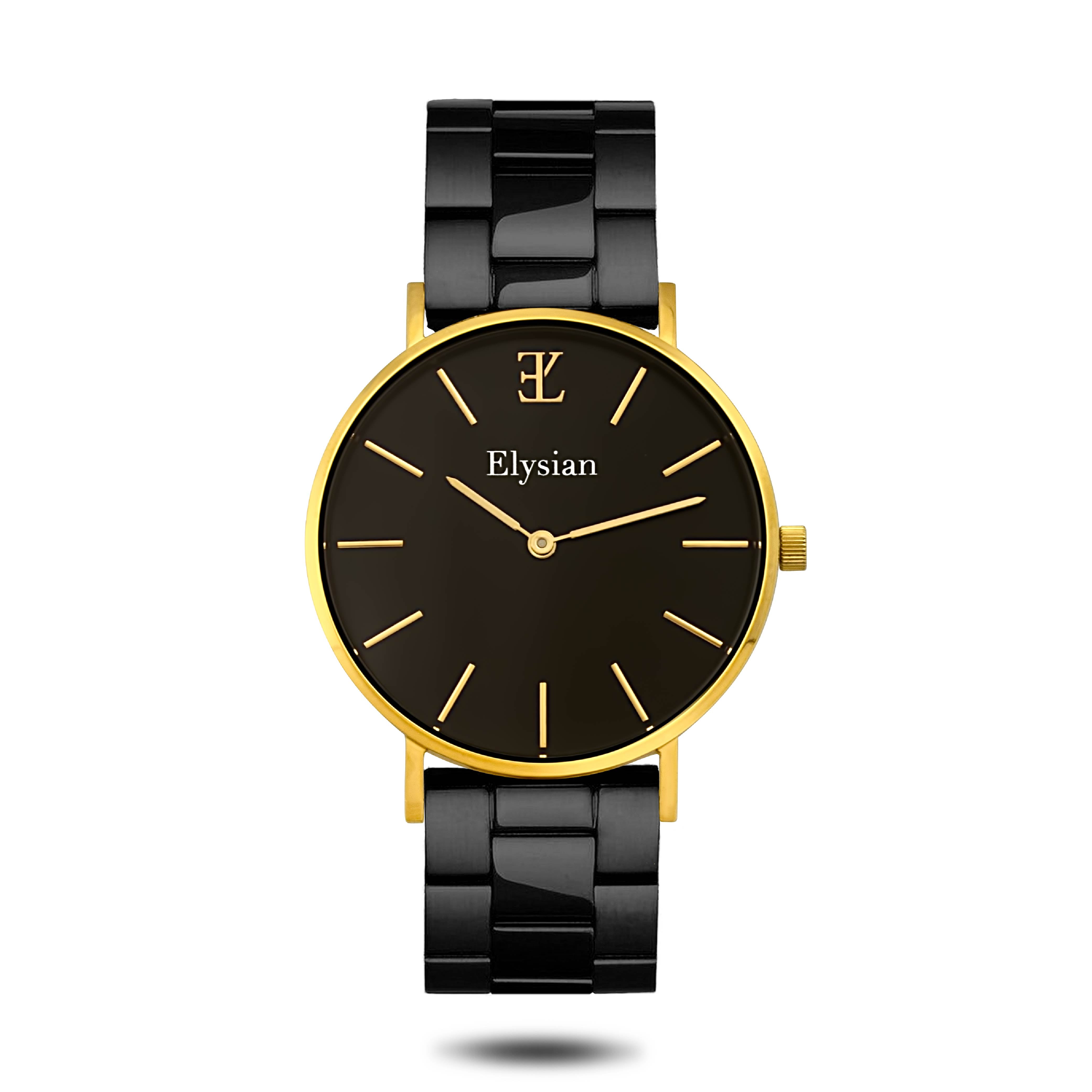 elysian-gouden-dames-horloge-zwart-plaat-zwart-schakelband-horlogeband-ELYWW00120-front