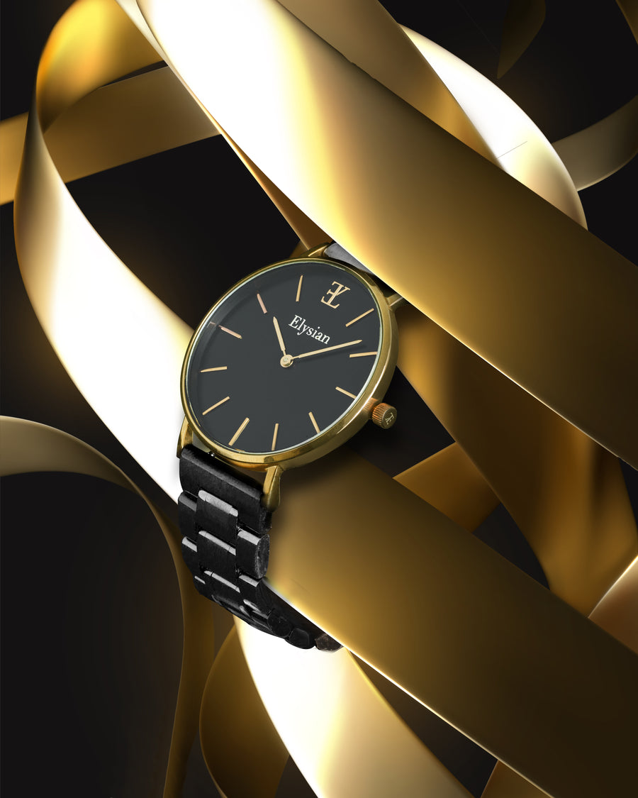 elysian-gouden-dames-horloge-zwart-plaat-zwart-schakelband-horlogeband-ELYWW00120-second