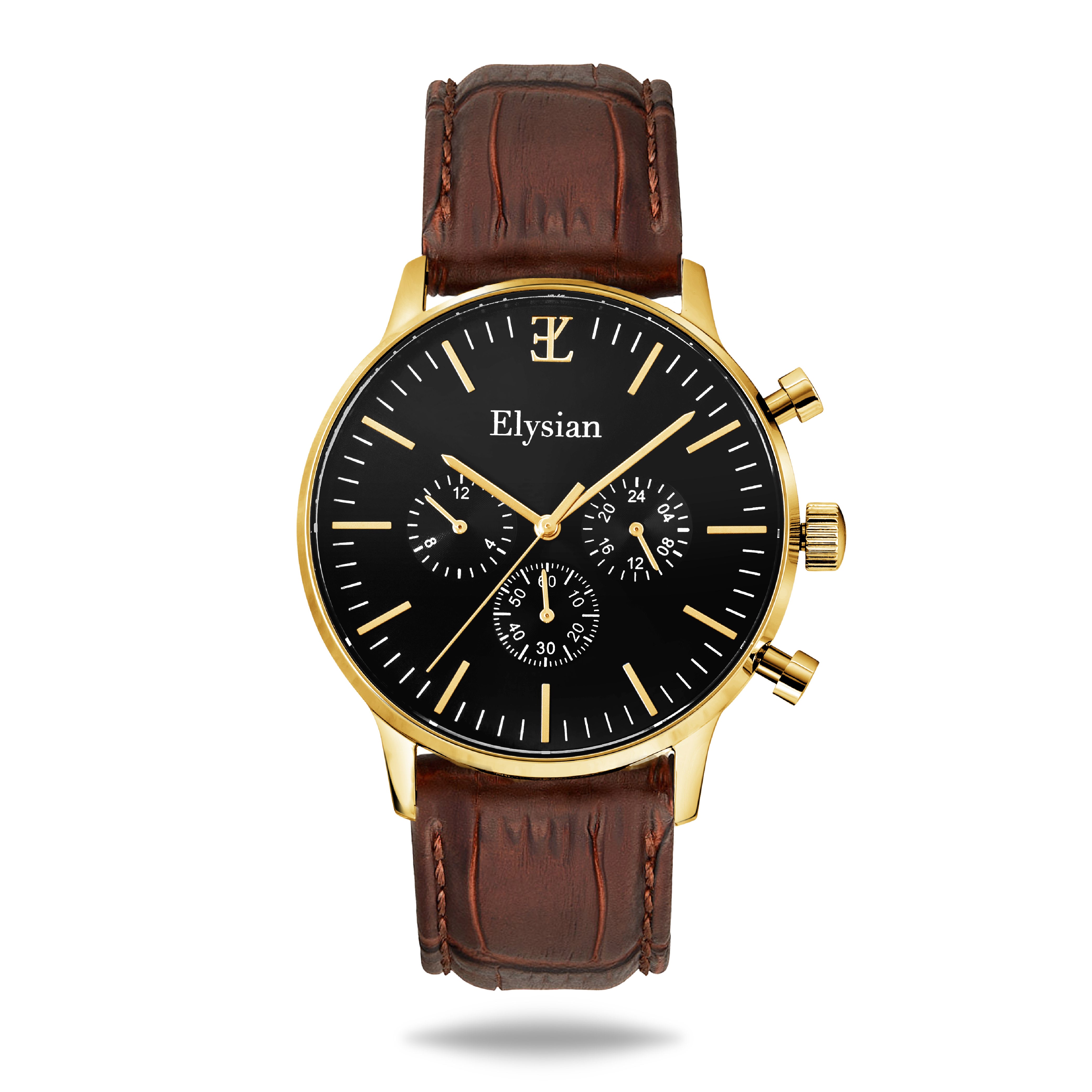 elysian-gouden-heren-horloge-zwart-plaat-bruin-croco-horlogeband-front