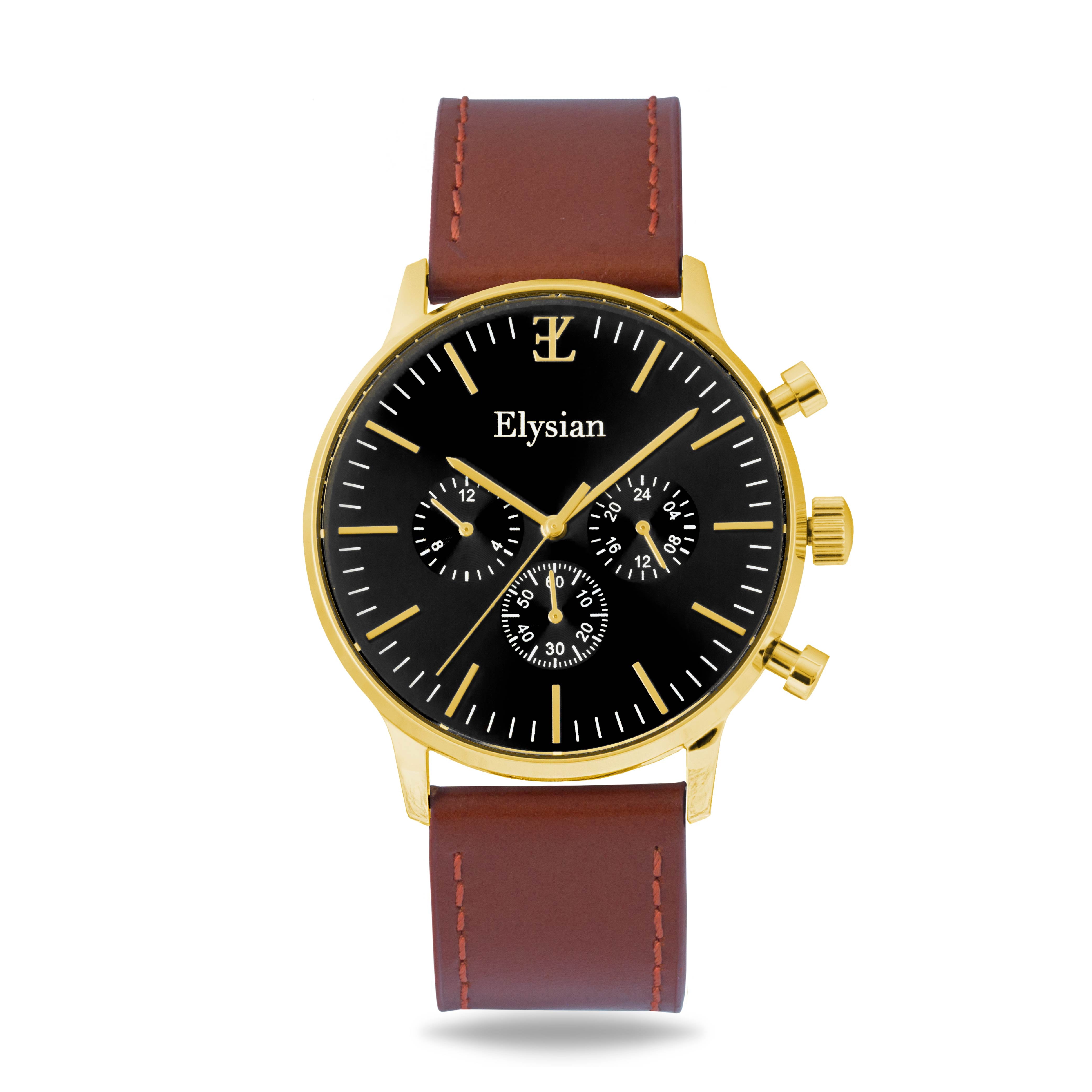 elysian-gouden-heren-horloge-zwart-plaat-bruin-vintage-leder-horlogeband-ELYWM00123-front