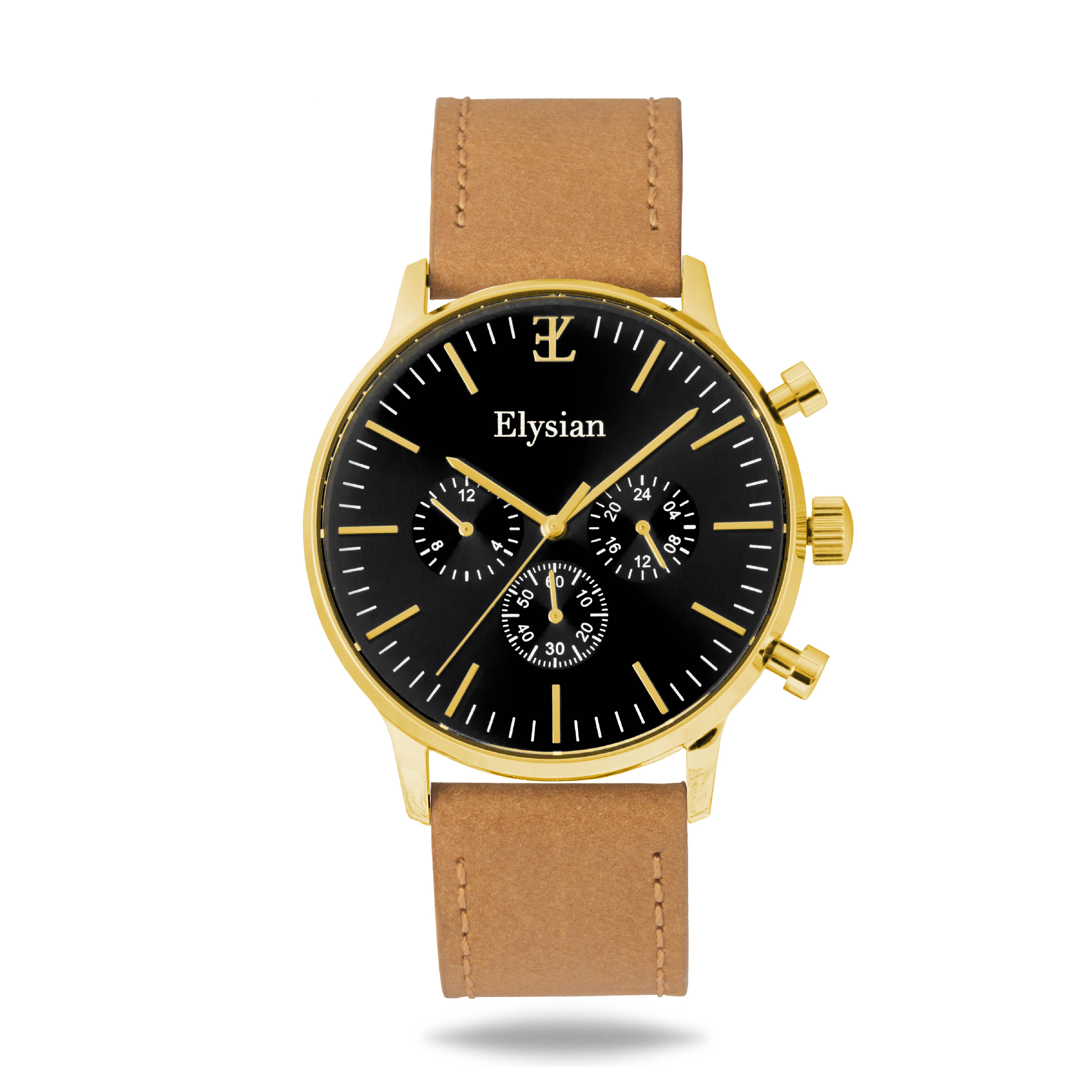 elysian-gouden-heren-horloge-zwart-plaat-camel-vintage-leder-horlogeband-ELYWM00125-front