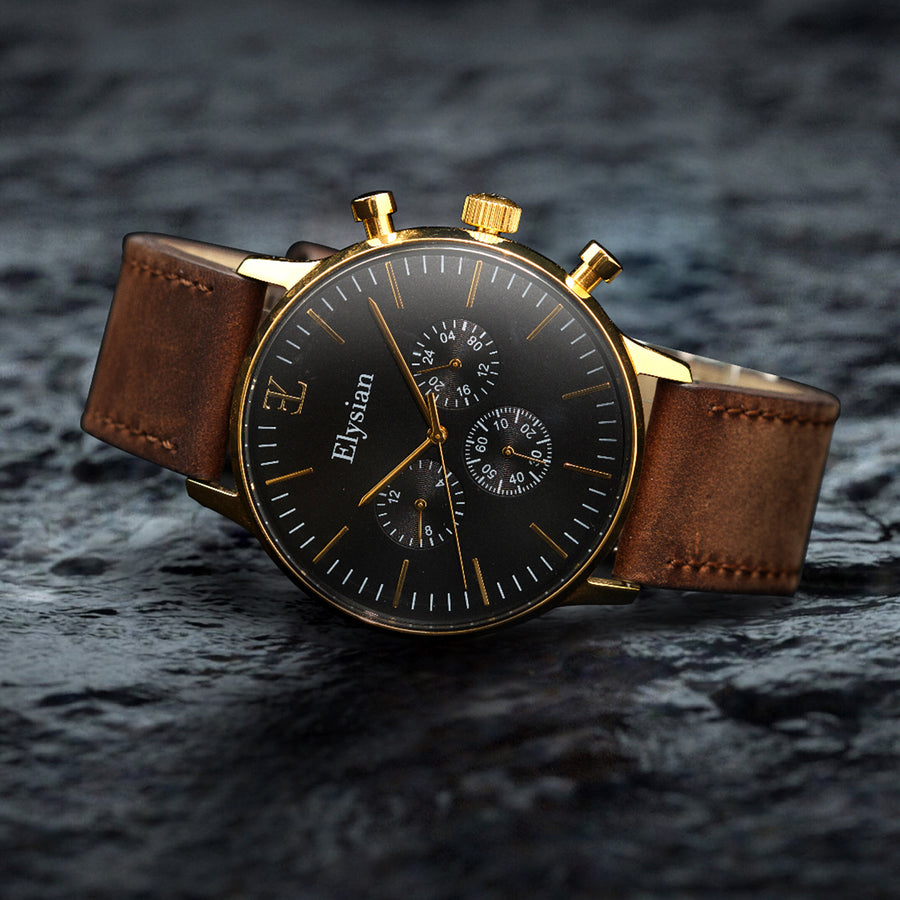 elysian-gouden-heren-horloge-zwart-plaat-donkerbruin-vintage-leder-horlogeband-ELYWM00124-second