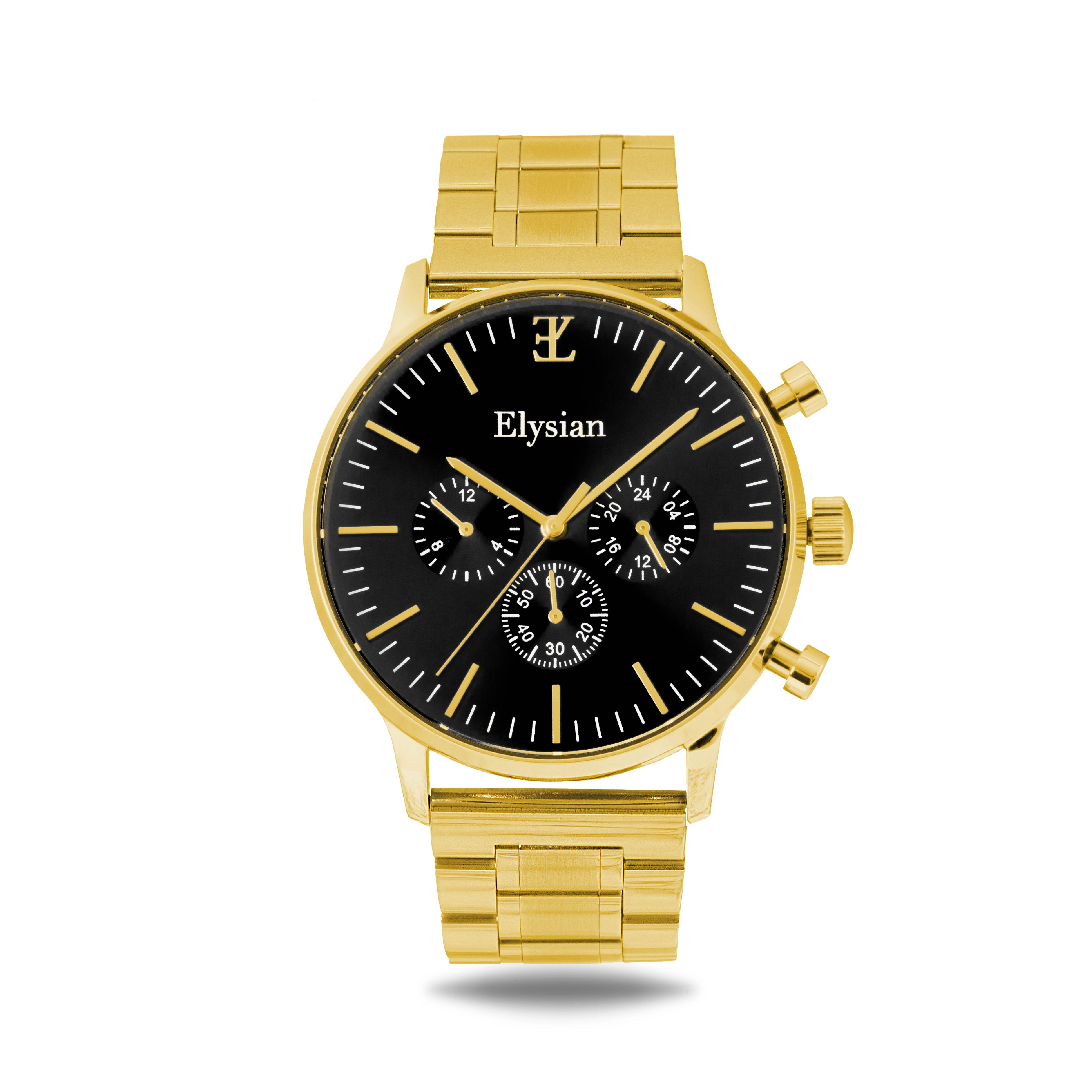 elysian-gouden-heren-horloge-zwart-plaat-goud-schakelband-horlogeband-ELYWM00142-front