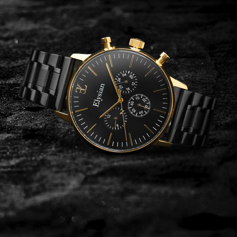 elysian-gouden-heren-horloge-zwart-plaat-zwart-schakelband-horlogeband-ELYWM00140-second