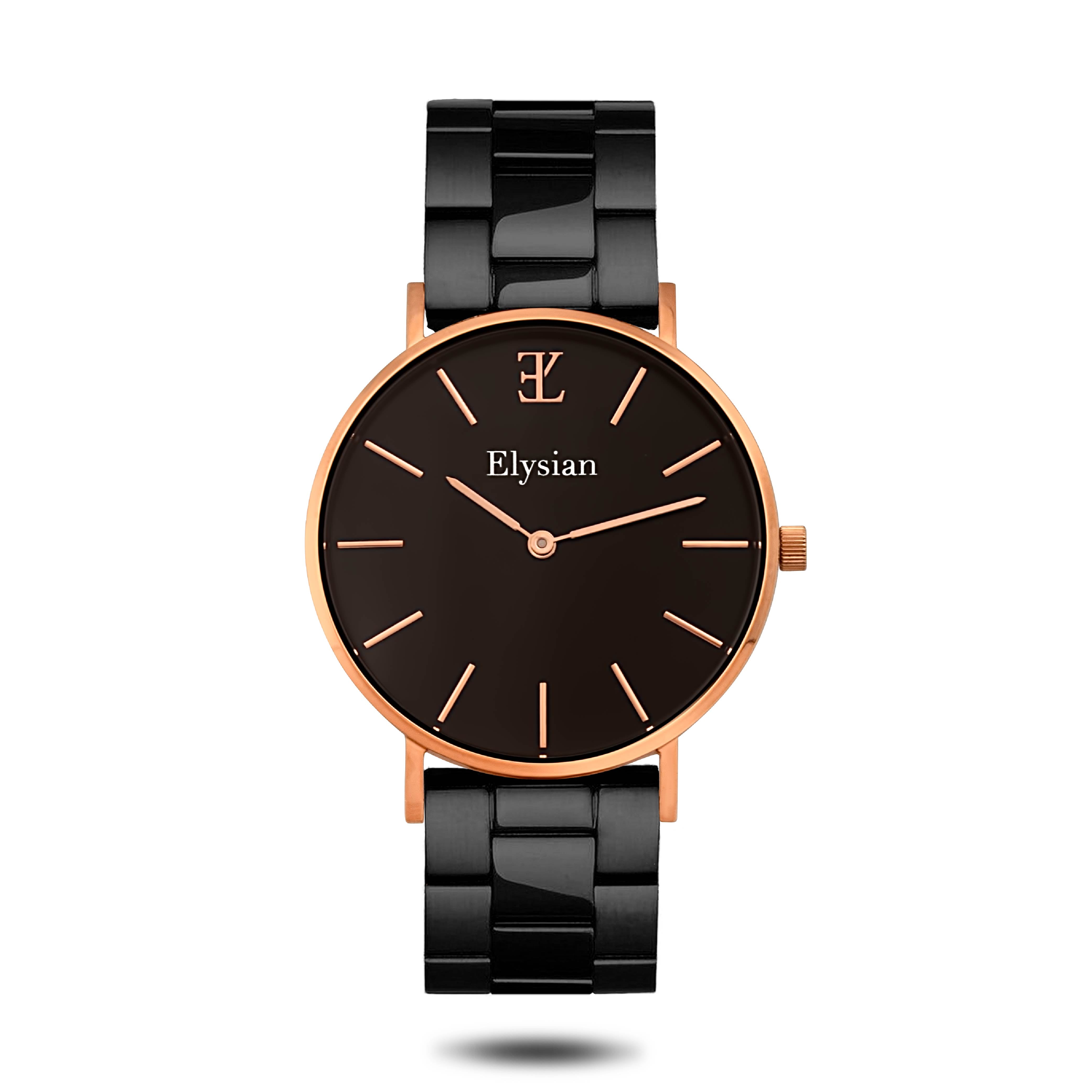 elysian-rose-gouden-dames-horloge-zwart-plaat-zwart-schakelband-horlogeband-ELYWW01120-front