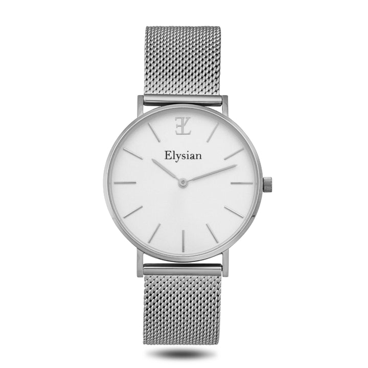 elysian-zilveren-dames-horloge-wit-plaat-zilver-mesh-horlogeband-ELY02220-front