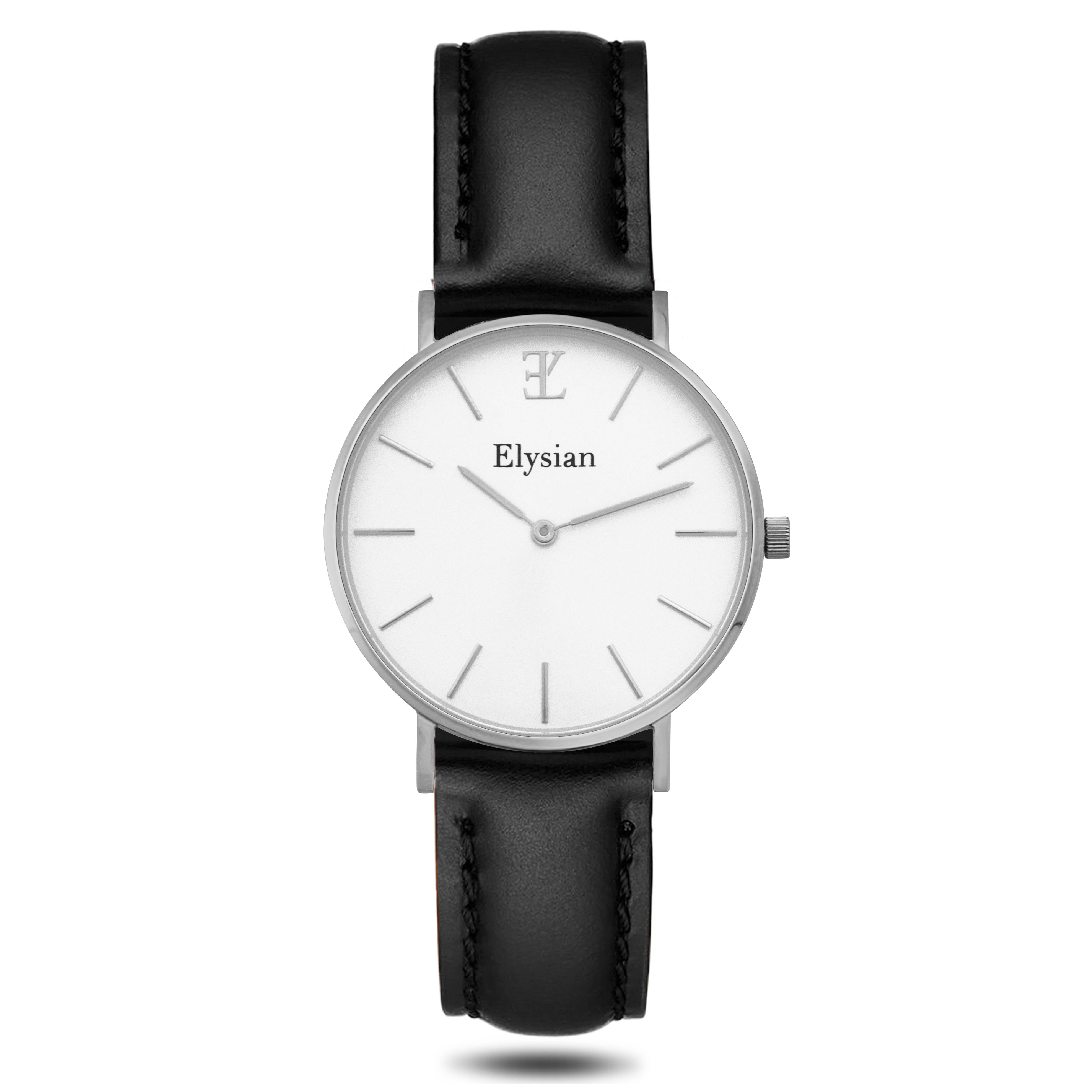 elysian-zilveren-dames-horloge-wit-plaat-zwart-klassiek-leder-horlogeband-ELY02200-front