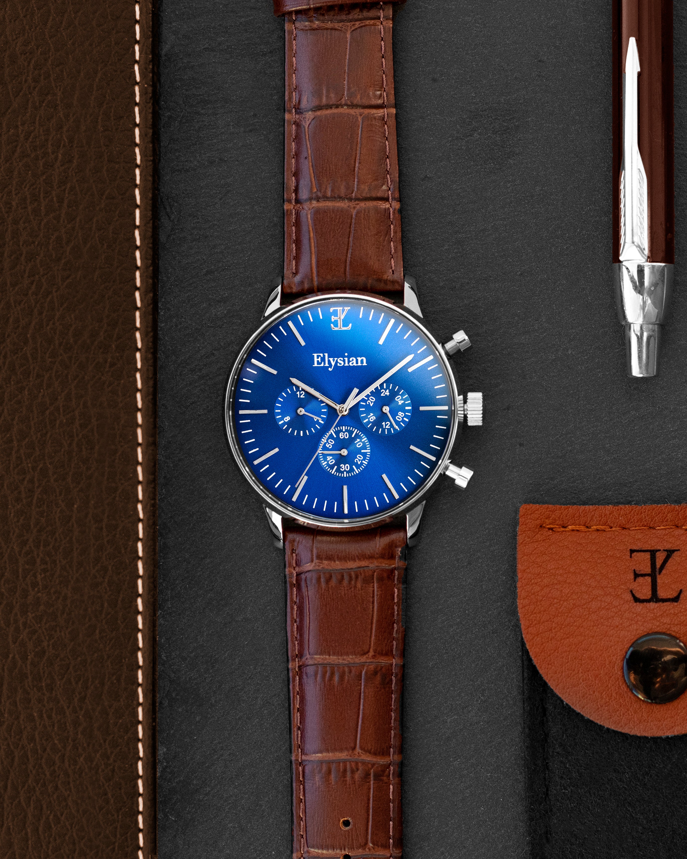 elysian-zilveren-heren-horloge-blauw-plaat-bruin-croco-horlogeband-extra1