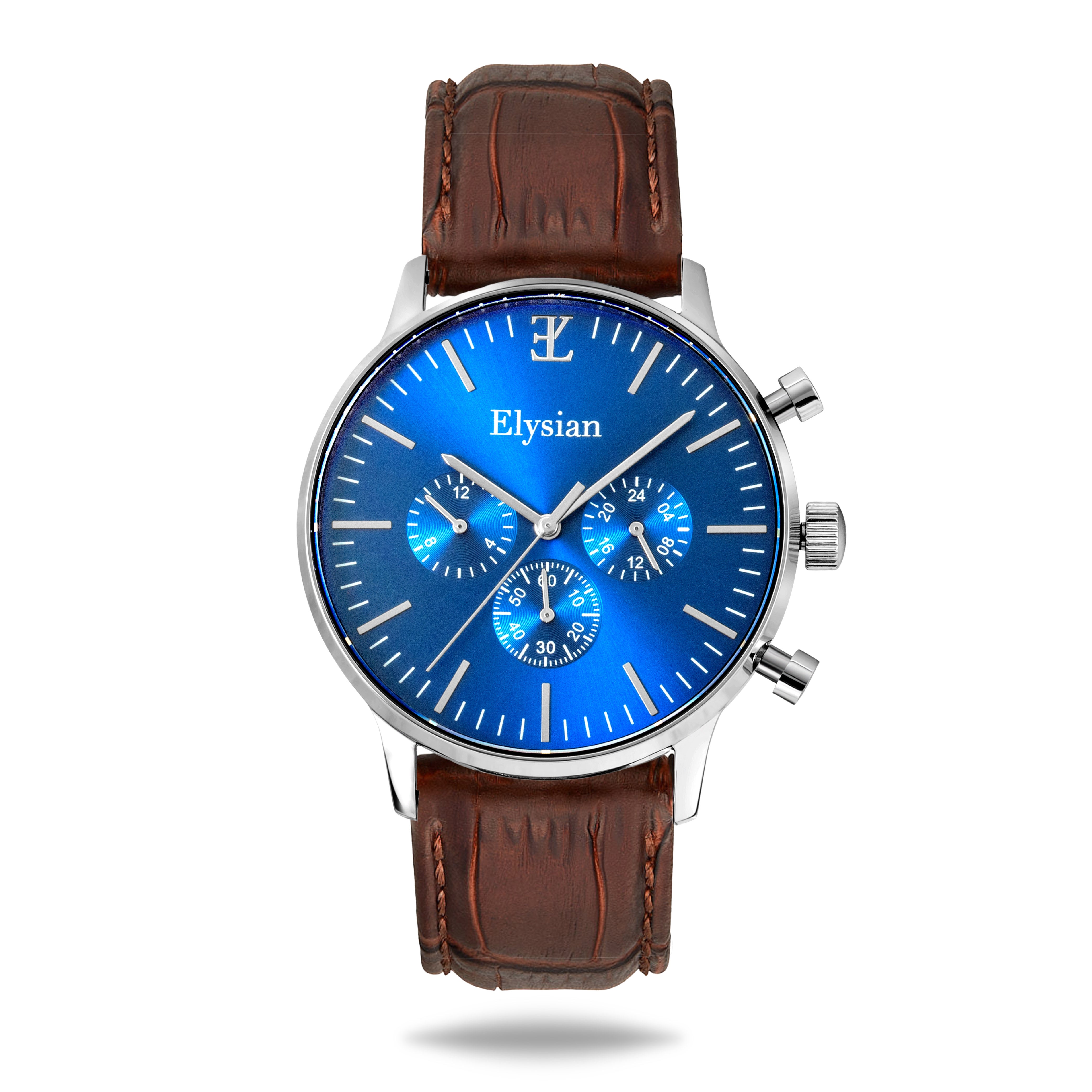 elysian-zilveren-heren-horloge-blauw-plaat-bruin-croco-horlogeband-front