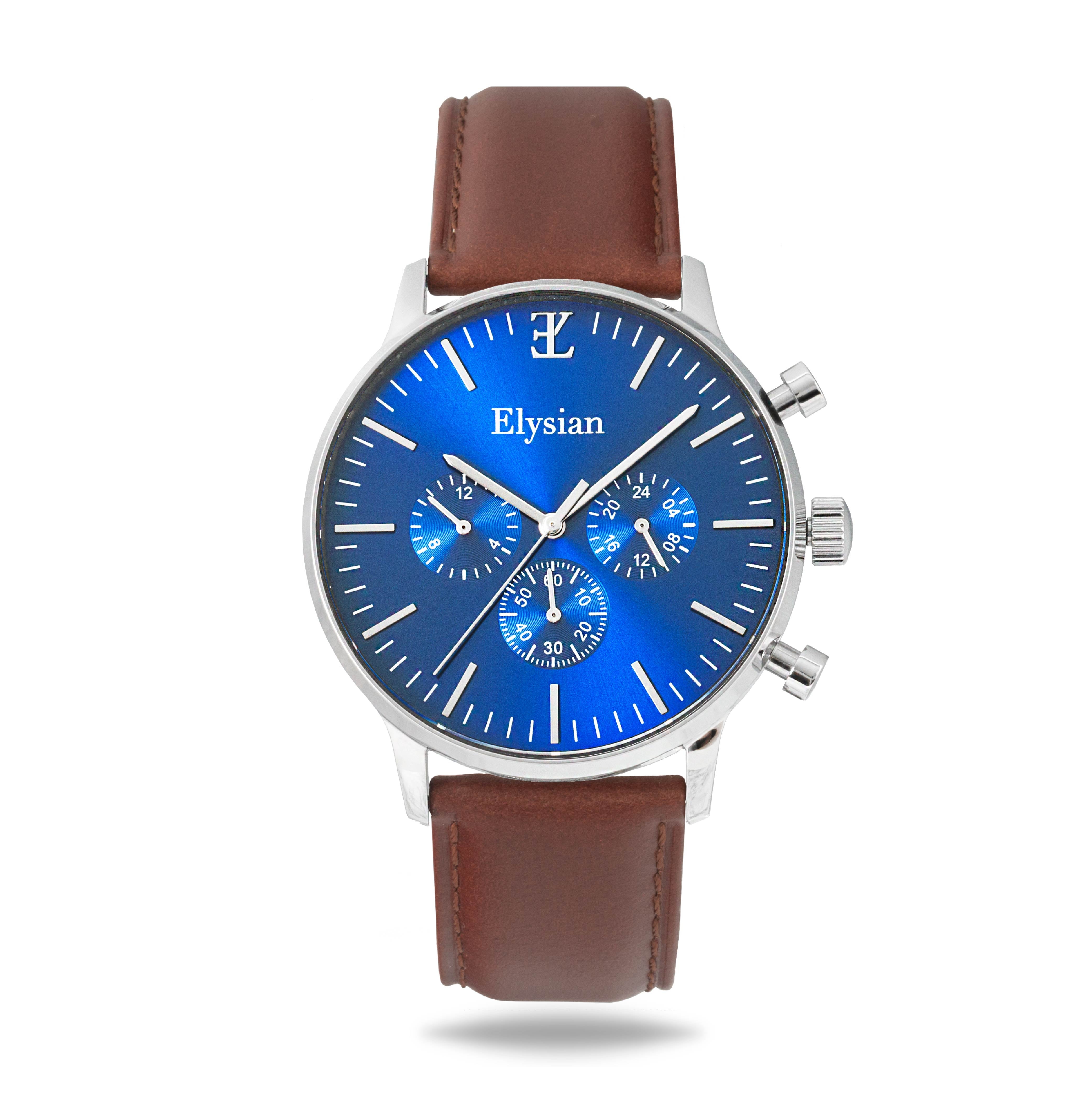 elysian-zilveren-heren-horloge-blauw-plaat-bruin-klassiek-leder-horlogeband-ELYWM01013-front