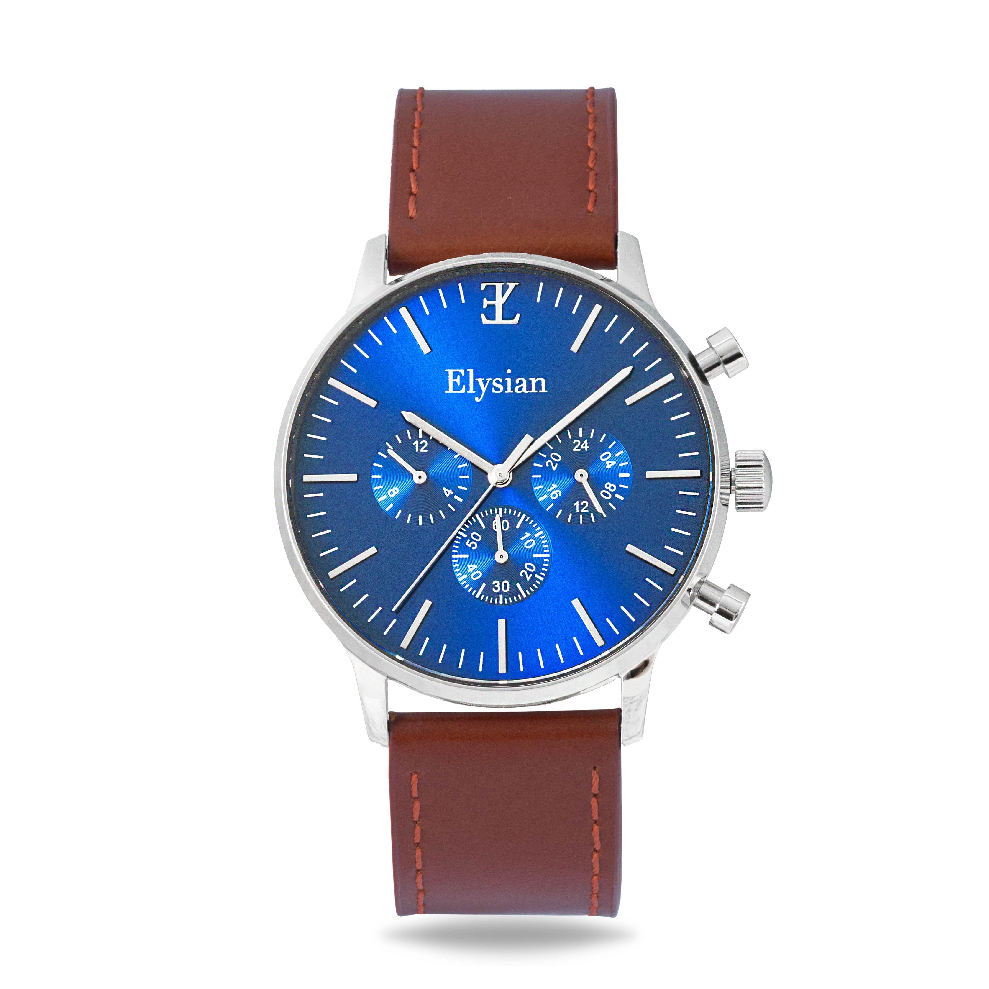 elysian-zilveren-heren-horloge-blauw-plaat-bruin-vintage-leder-horlogeband-ELYWM01023-front