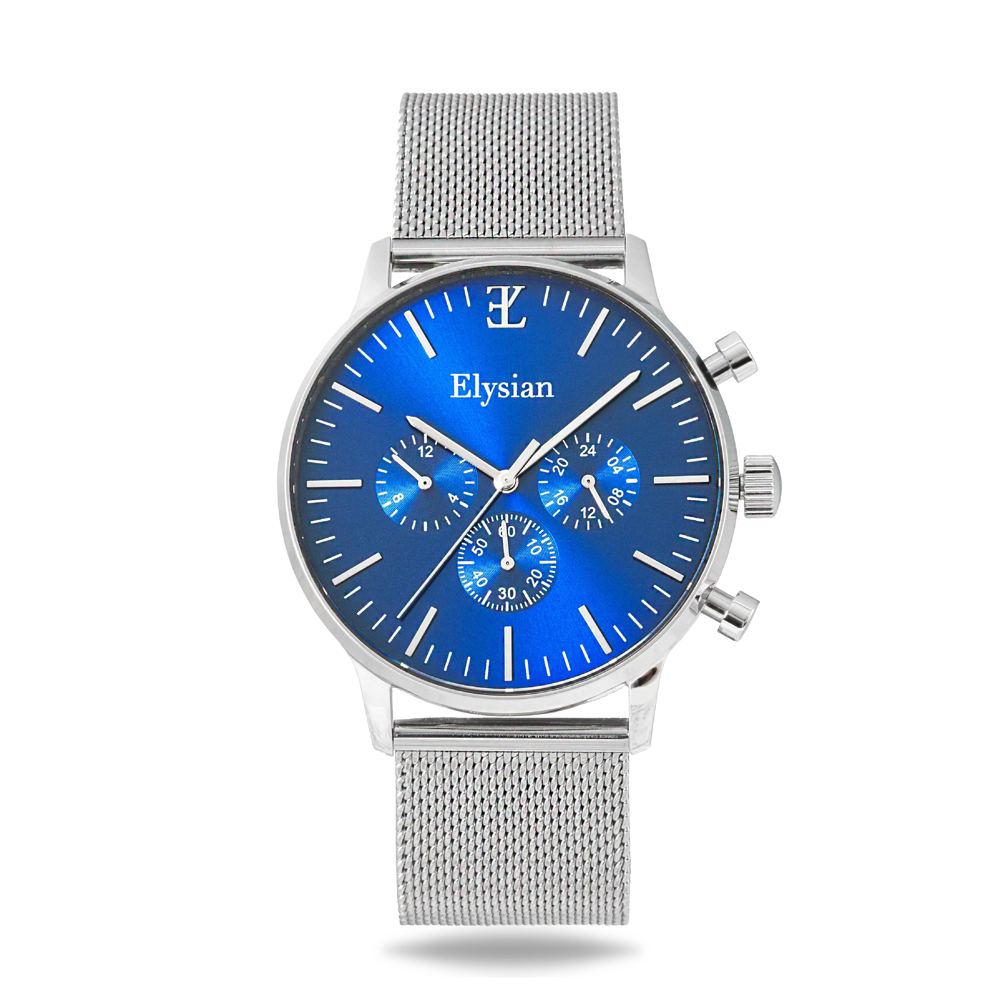 elysian-zilveren-heren-horloge-blauw-plaat-zilver-mesh-horlogeband-ELYWM01031-front
