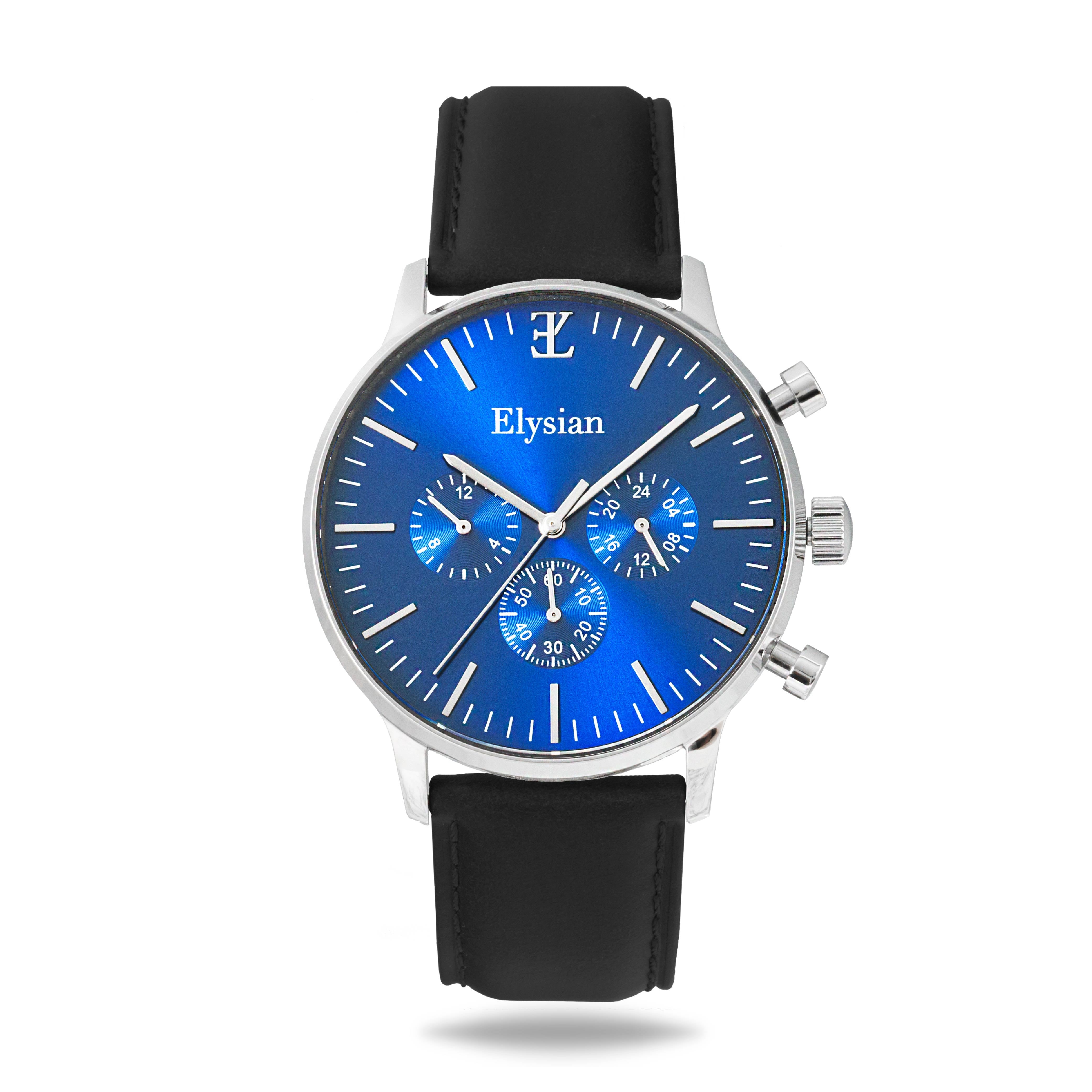 elysian-zilveren-heren-horloge-blauw-plaat-zwart-klassiek-leder-horlogeband-ELYWM01010-front