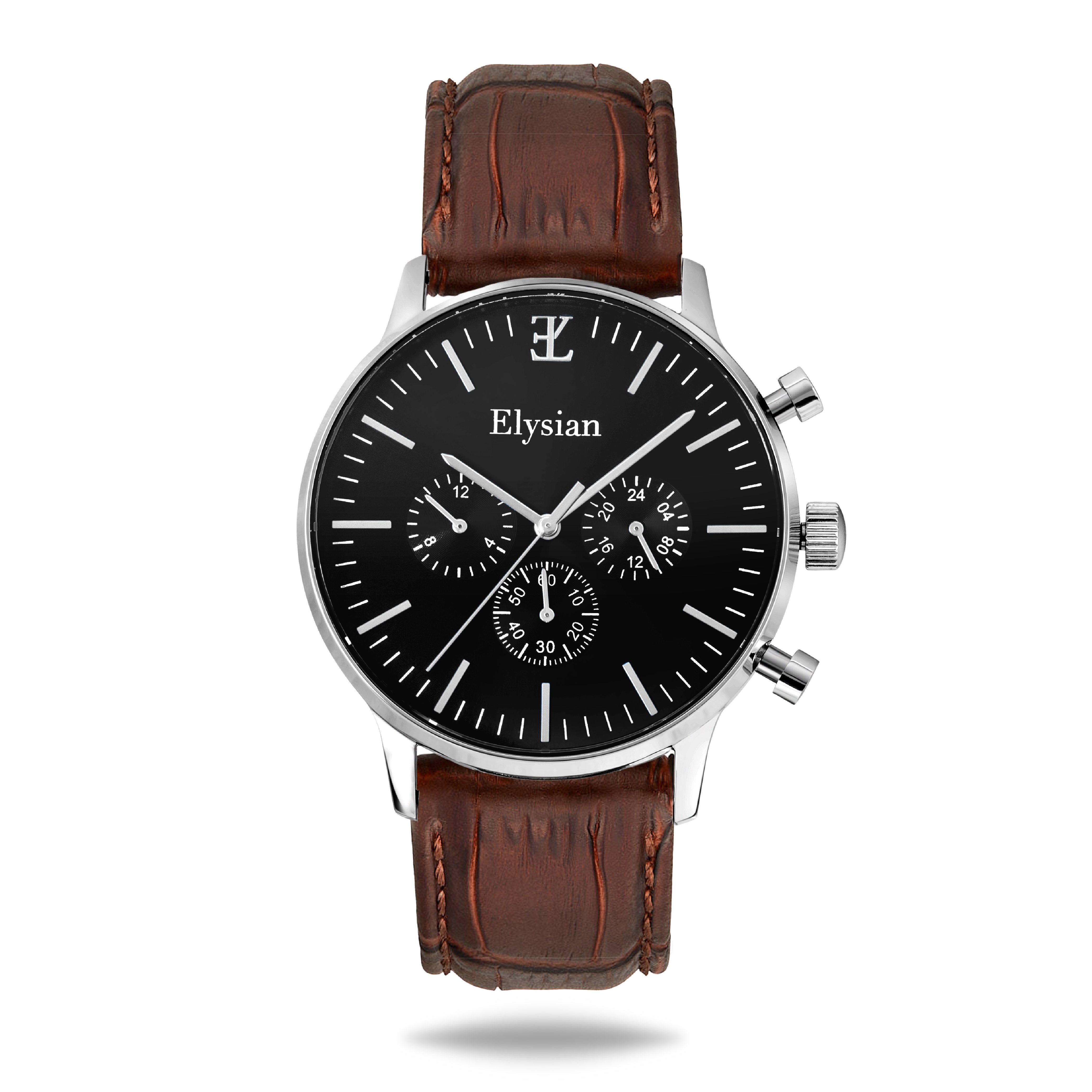 elysian-zilveren-heren-horloge-zwart-plaat-bruin-croco-horlogeband-front