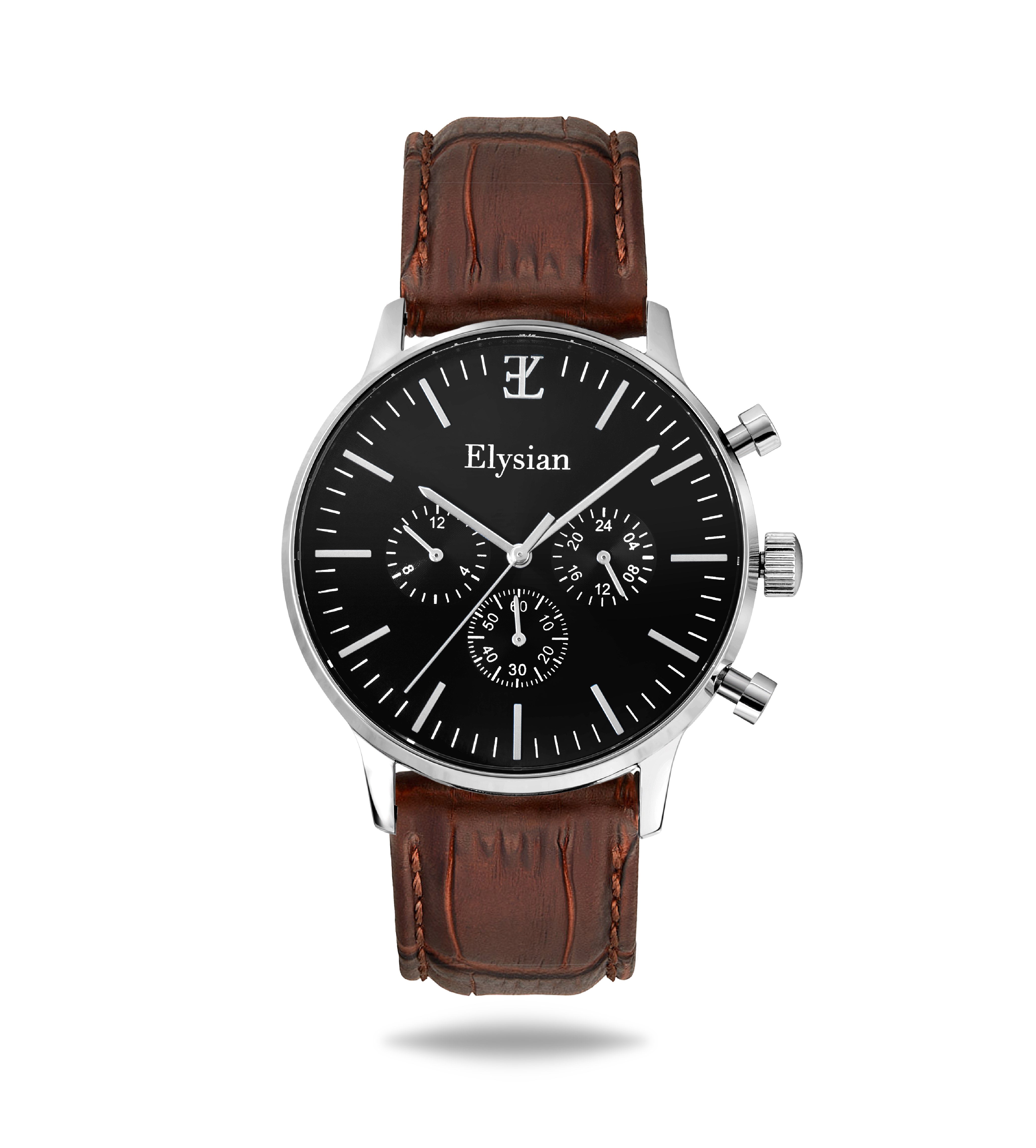 elysian-zilveren-heren-horloge-zwart-plaat-bruin-croco-horlogeband-front