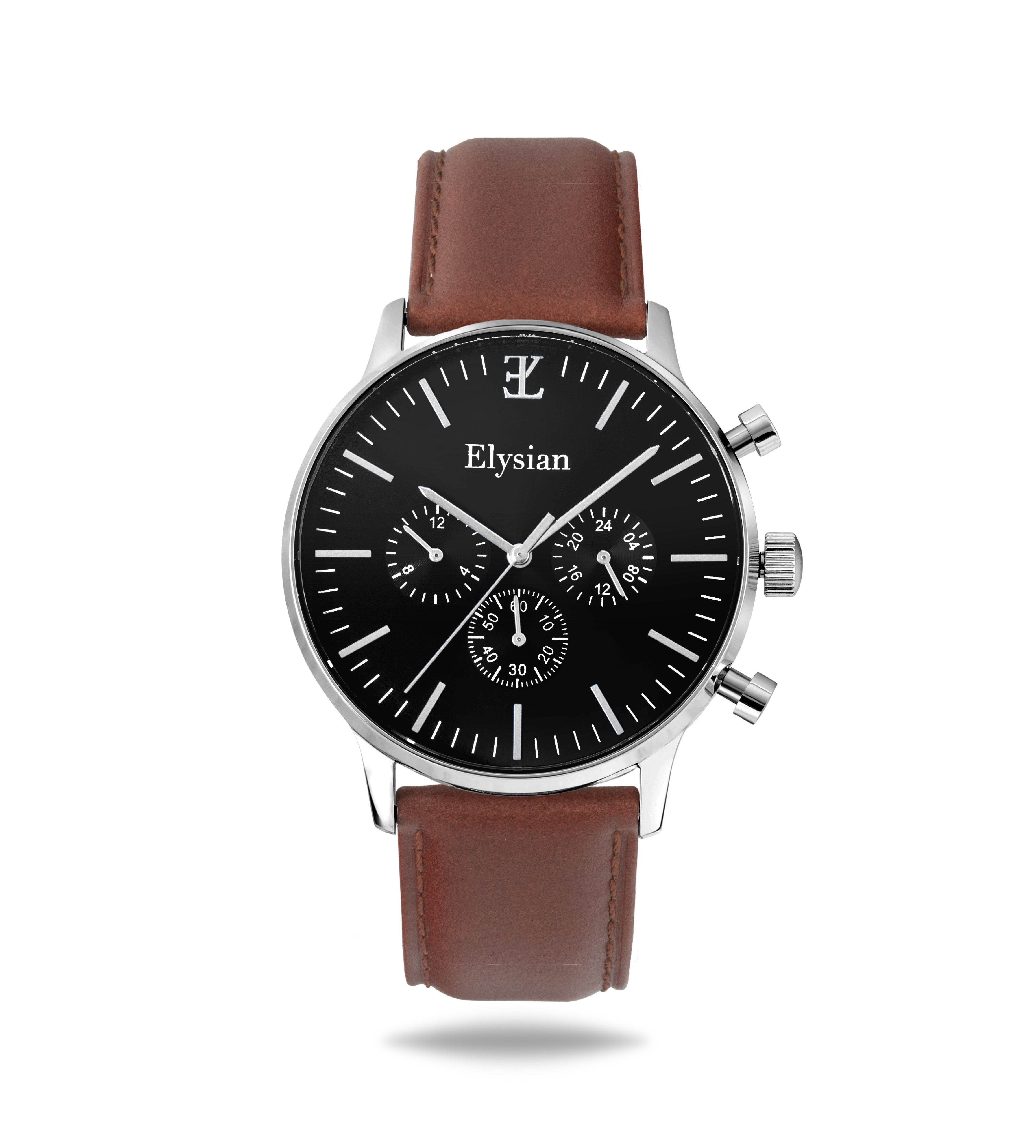 elysian-zilveren-heren-horloge-zwart-plaat-bruin-klassiek-leder-horlogeband-ELYWM01113-front