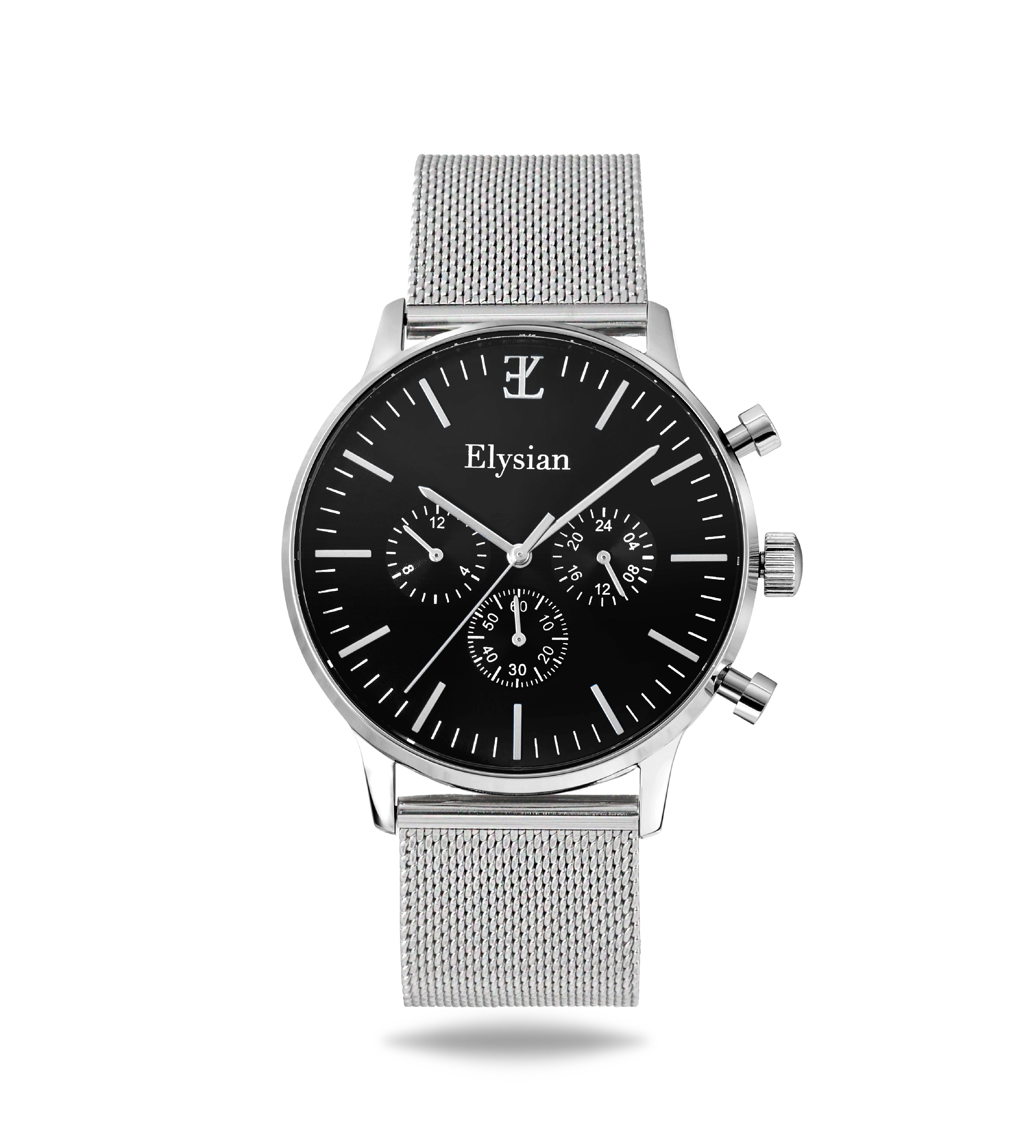 elysian-zilveren-heren-horloge-zwart-plaat-zilver-mesh-horlogeband-ELYWM01131-front