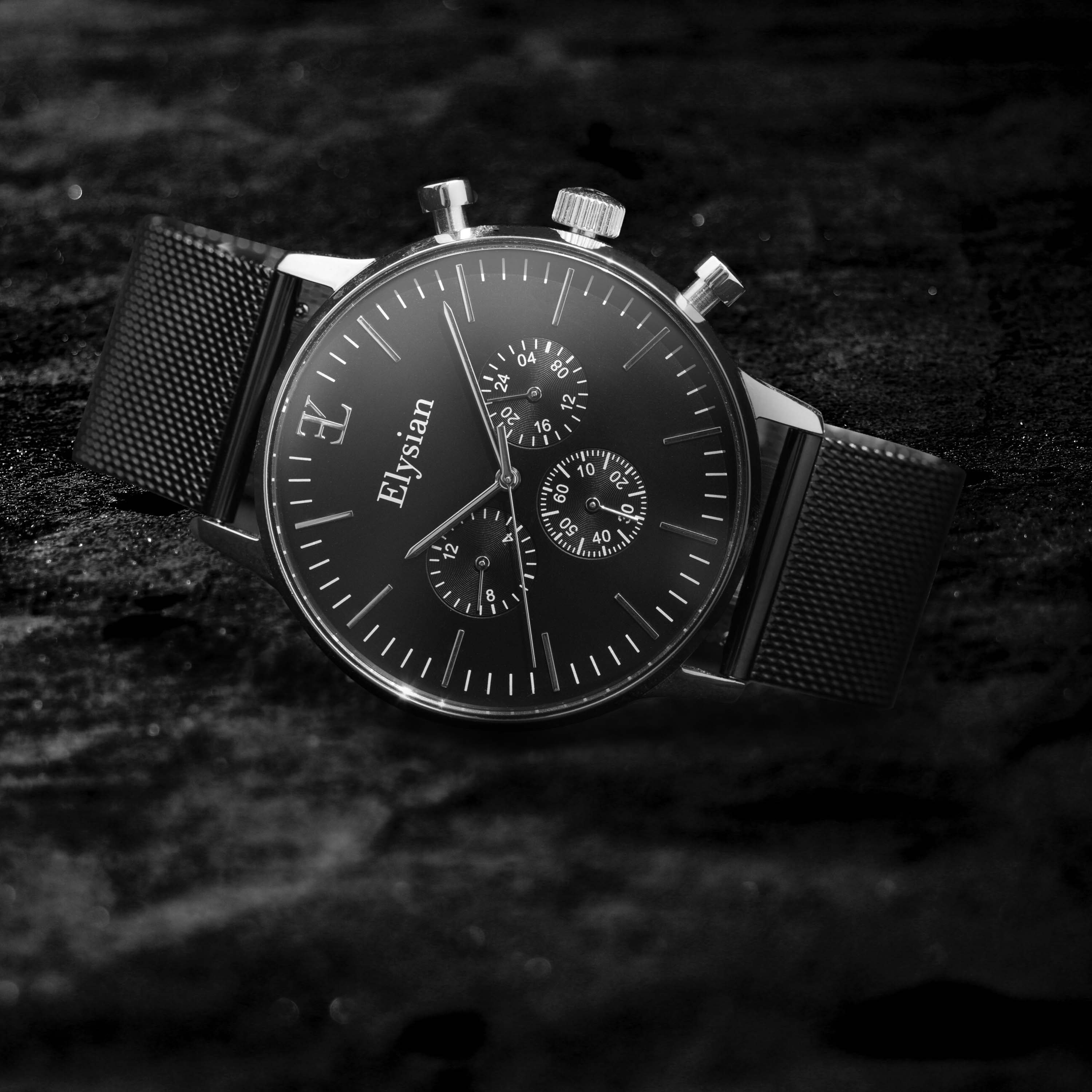 elysian-zilveren-heren-horloge-zwart-plaat-zwart-mesh-horlogeband-ELYWM01130-second