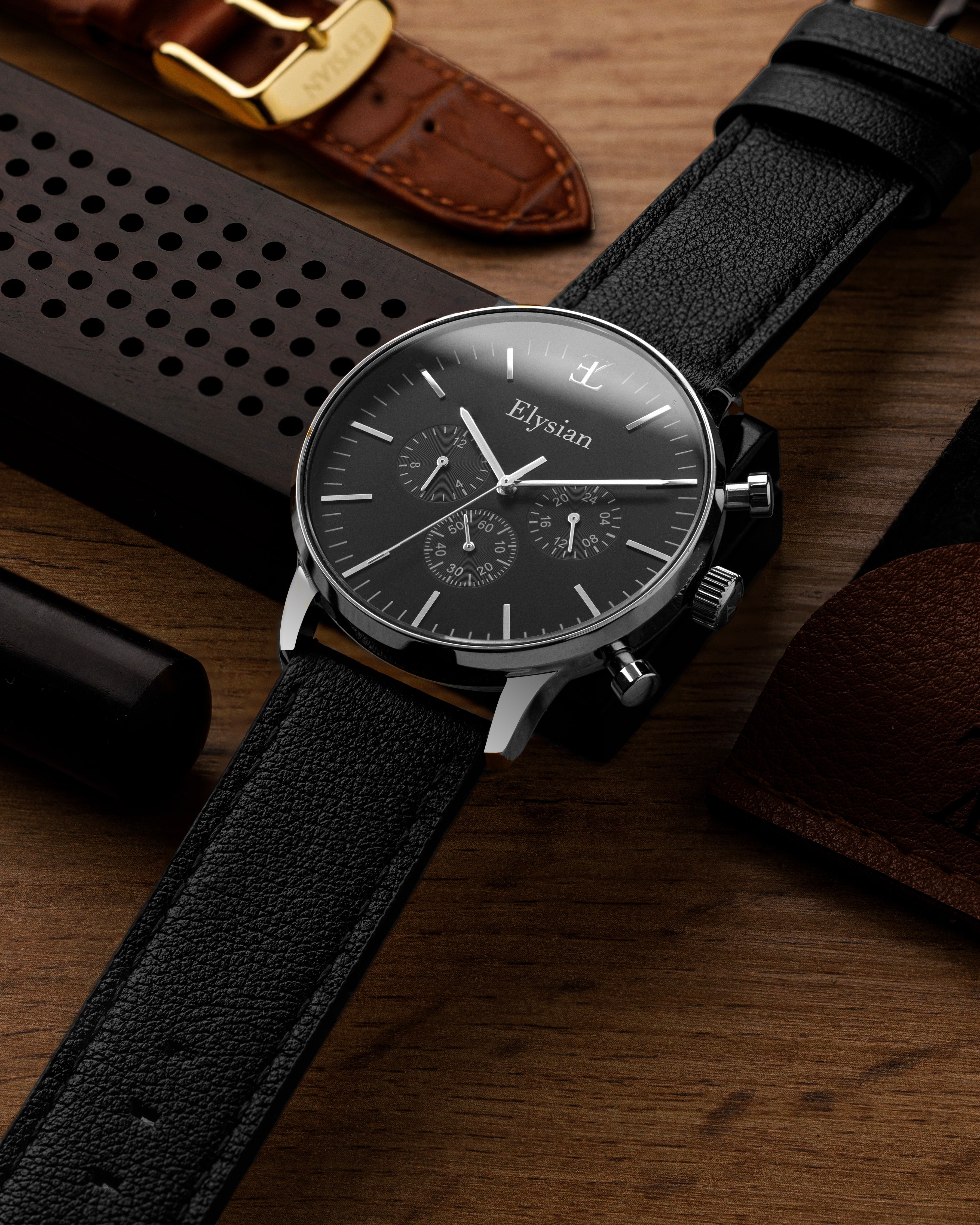 elysian-zilveren-heren-horloge-zwart-plaat-zwart-vintage-leder-horlogeband-ELYWM01120-detail
