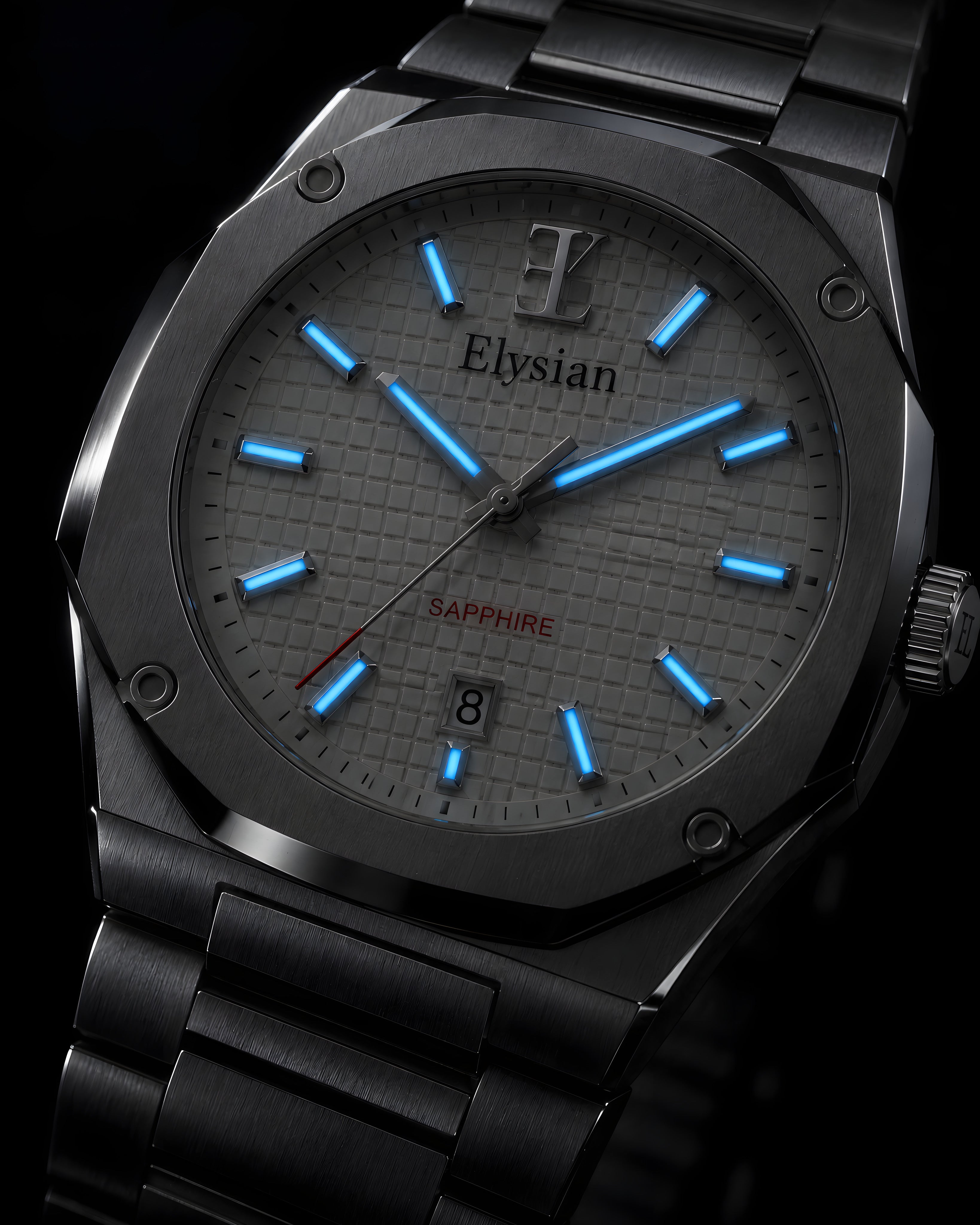 Elysian Octa White - Silver Link, lichtgevende wijzers en indexen in het donker