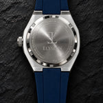 Elysian Octa Blue - Navy Rubber, achterkant met gravering Designed in Antwerp