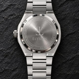 Elysian Octa Blue - Silver Link, achterkant met gravering Designed in Antwerp