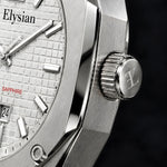 Elysian Octa White - Silver Link, detail van de kroon met EL-gravering