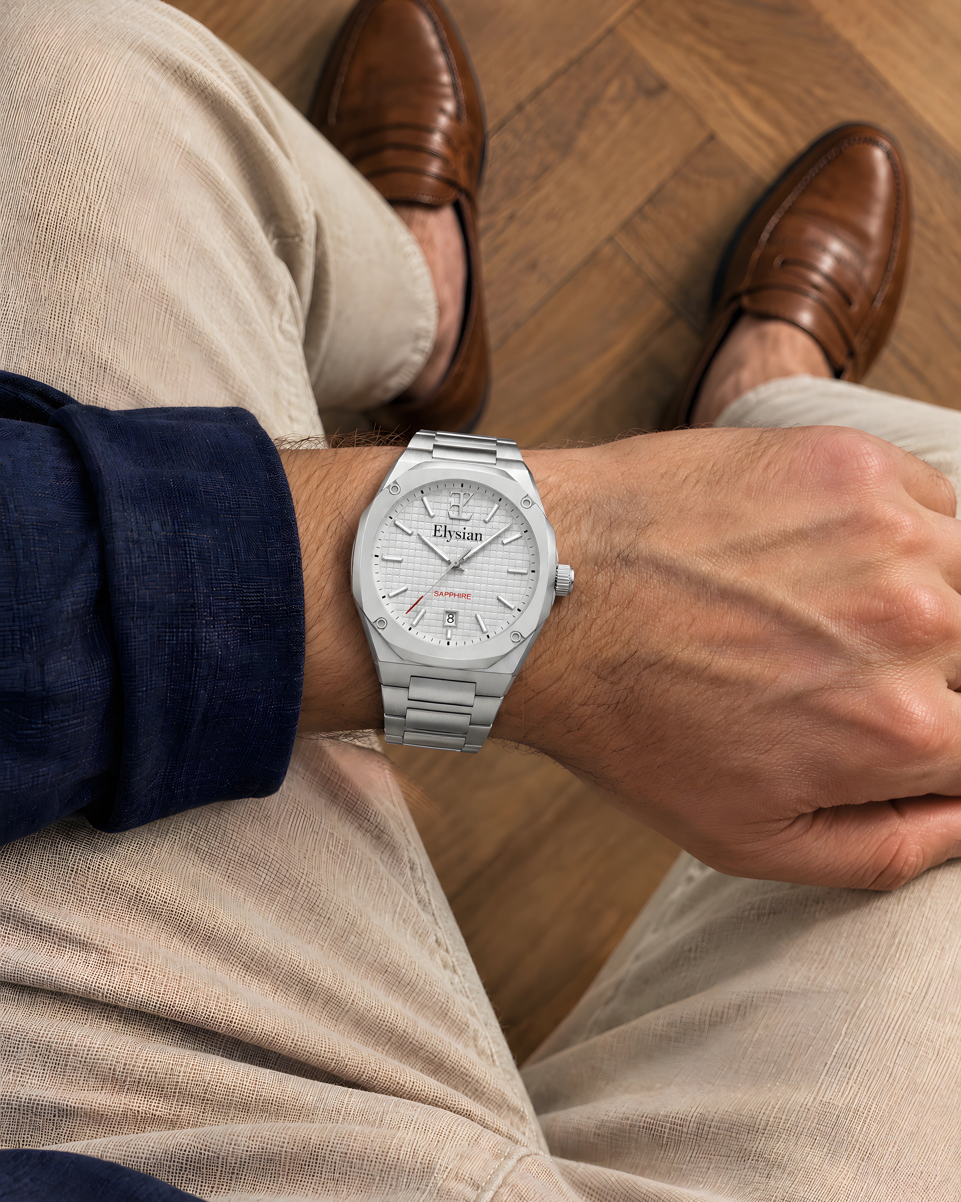 Elysian Octa White - Silver Link, om de pols, bovenaanzicht