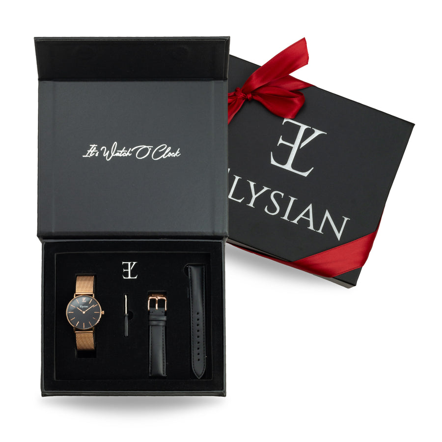 elysian-dames-horloge-geschenkset-rose-gouden-mesh-zwart-plaat-mesh-band-ELYGS00310-front